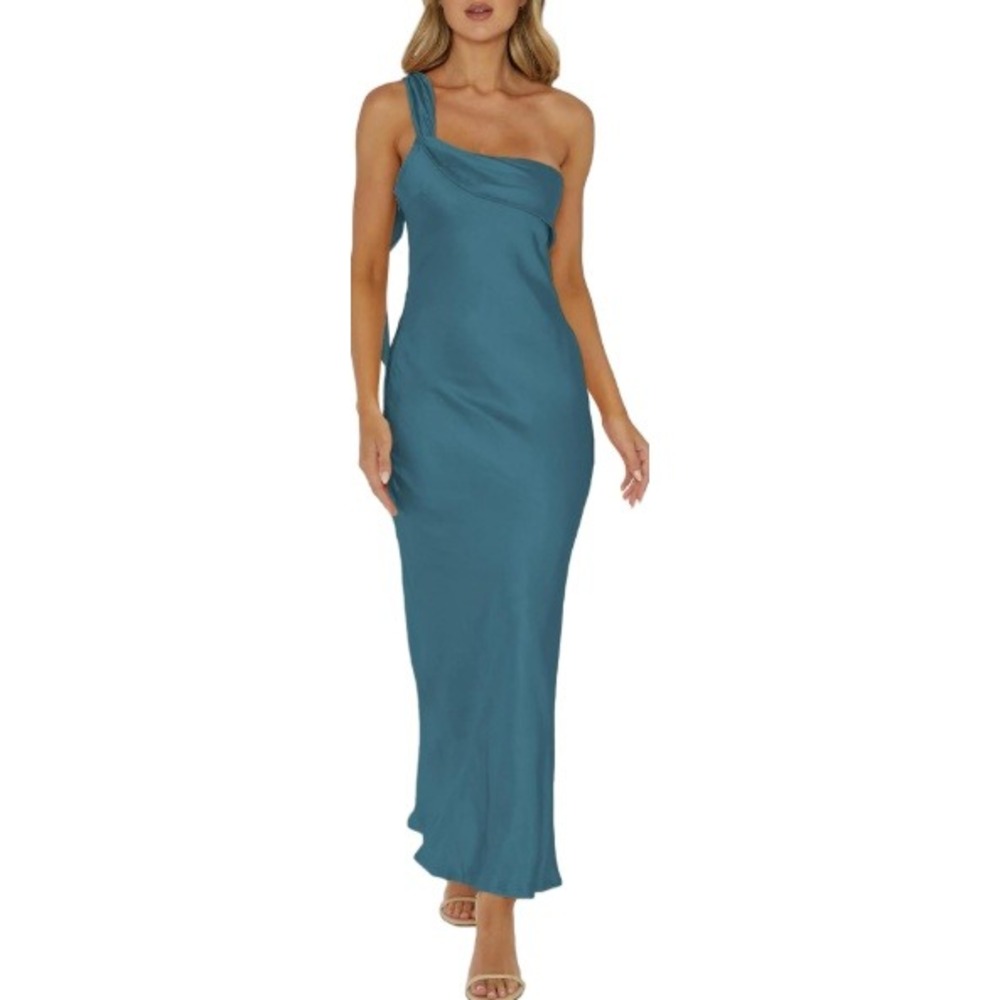 MOYNOTE Women One Shoulder Satin Midi Dress Dusty Blue Draped Cowl Neck Size M